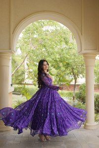 Purple Embroidered Rayon <b>Kurta</b> Gown Floor-Length Loose Fit Traditional <b>Indian</b> Pakistani Women's Wedding Wear All Seasons - Product Image 6