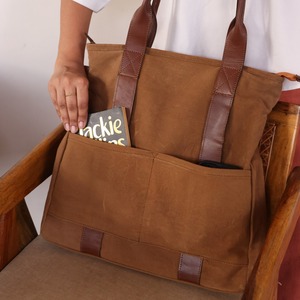 Bolso Tote de Lona y Cuero, Estilo Vintage, Resistente al Agua, Bolso de Hombro, para Viajes, Trabajo, Compras, Gran Capacidad, Bordado Abierto - Product Image 2