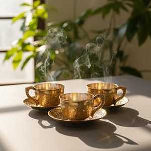 Luxury Brass <b>Tea</b> <b>Set</b> with Teapot, <b>Cups</b>, Saucers and Serving Tray – Traditional Indian Handcrafted Brass <b>Tea</b> & Coffee <b>Set</b> - Product Image 1