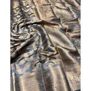 TRADITIONAL BANARASI HANDLOOM WEAVING WORK <b>SAREE</b> WITH UNSTITCHED <b>BLOUSE</b> GREY - Product Image 1