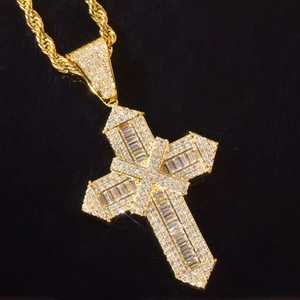 Iced Out Silver <b>Cross</b> Pendant Baguette Moissanite Necklace Silver Tone Hip Hop Micro Paved <b>Charm</b> - Product Image 2