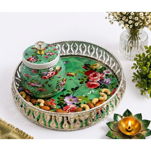 Ensemble de plateaux en fer traditionnels indiens, deux bocaux hermétiques pour fruits secs, design imprimé animal, plateau de service décoratif, cadeau de mariage ou de Diwali - Product Image 5