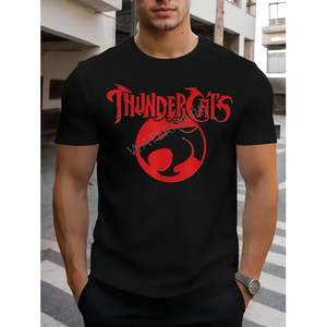 T-shirt à manches courtes col rond noir pour homme ThunderCats, imprimé logo rouge, coupe classique, style décontracté, respirant, tissu jersey 300g, 100% coton - Product Image 1