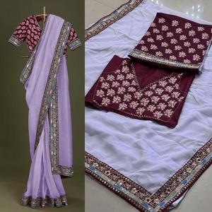 DESIGNER TABBY <b>ORGANZA</b> <b>SILK</b> EMBROIDERY SEQUENCE WORK LACE BORDER SAREE WITH UNSTTICHED BLOUSE - Product Image 4