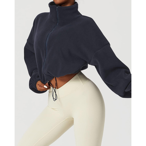 New Arrival <b>Women's</b> <b>Navy</b> Blue Fleece Zip-Up Crop Jacket Stand Collar Full Sleeve Autumn Wear Solid Color Unlined Sweatshirt OEM - Product Image 5