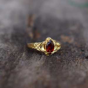 Leaves Inspired Marquise Cut Red <b>Garnet</b> <b>Ring</b> 925 Sterling <b>Silver</b> 14K Gold Plated Handmade Natural Gemstone <b>Ring</b> - Product Image 2