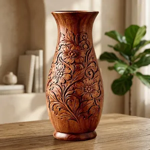 Handcrafted Wooden Flower <b>Vase</b> Decorative Carved Floral Design Tabletop Home Decor - Product Image 6