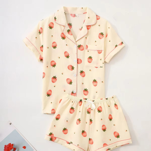Ensemble pyjama imprimé fraises pour femmes, manches courtes, short, 2 pièces, coupe ample, vêtements de nuit en coton, vêtements décontractés printemps-été - Product Image 6