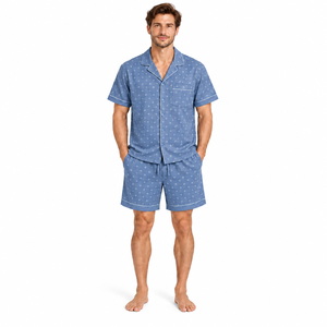 Ensemble de pyjama tissé géométrique pour homme, manches courtes, boutonné, vêtements de nuit d'été frais, short de détente assorti, bleu, tenue de nuit - Product Image 1