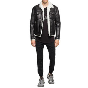 Veste en cuir noir pour homme, col en fourrure blanche, manteau d'hiver en peau de mouton véritable, doublure en polaire chaude, veste de motard - Product Image 2
