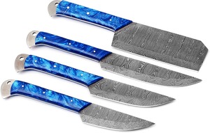 Custom Handmade Four-Piece Ambidextrous Chef <b>Set</b> Straight Edge Durable <b>Sharp</b> Damascus Steel Blades Resin Handle Leather - Product Image 4