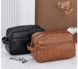 Bolsa de Maquillaje de Cuero Impermeable de Gran Capacidad con Cierre de Cremallera, Portátil, para Hombre, Organizador de Artículos de Aseo, Color Marrón, Estilo Dopp Kit - Product Image 5