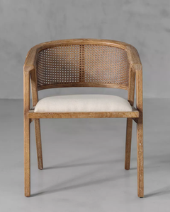 Fauteuil moderne en teck avec dossier en rotin et assise rembourrée en microfibre, hauteur réglable pour mobilier de salle à manger - Product Image 4