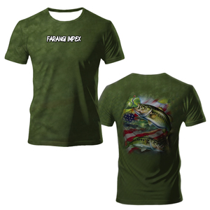 เสื้อยืดตกปลาเบสแบบ OEM สกรีนโลโก้ตามสั่ง สไตล์อเมริกัน ผลิตจากโพลีเอสเตอร์ 100% พิมพ์ลายแบบ Sublimation เต็มตัว น้ำหนักเบา แห้งเร็ว ระบายอากาศได้ดี ป้องกันแสงแดด 50+UPF - Product Image 1