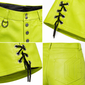 Custom Women's High Waist Leather Micro Shorts 380GSM Lambskin <b>Stretch</b> Leather Neon Green Snap-Button Sustainable Wide-Leg - Product Image 4