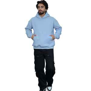 Sweat à capuche pour homme en coton et élasthanne, imprimé personnalisé, tissé, délavé vintage, bleu clair, entièrement zippé, coupe oversize - Product Image 3