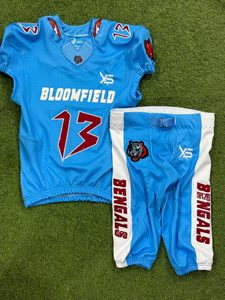 Youth American <b>Football</b> Jersey Set Gold Purple V-Neck Sleeveless Uniform with <b>White</b> Pants Sublimated Print Family Logo - Product Image 3
