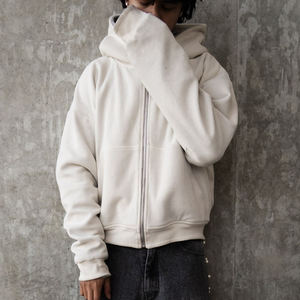 Unisex Minimal Full Zip <b>Hoodies</b> Double Layer Hood Clean Panel Construction Soft Heavyweight Fabric Relaxed Fit Cropped <b>Hoodies</b> - Product Image 3