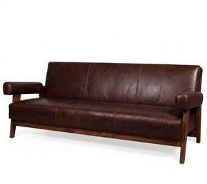 Wholesale Mid Century Luxury Leather Upholstered 3-Seater Sofa Ebony Finish Solid Wood Chandigarh Style Couch - Product Image 3