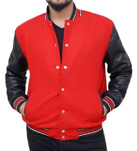 OEM Custom Logo Varsity <b>Jacket</b> for <b>Men</b> Soft Wool PU <b>Leather</b> with Stand Ribbed Hem and Snap Button Closure for Bulk Orders - Product Image 1