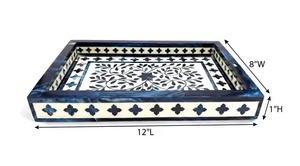 Plateau de service rectangulaire bleu en os incrusté, fait main, durable, avec motif traditionnel, pour un rangement moderne et vintage, idéal pour la maison - Product Image 2