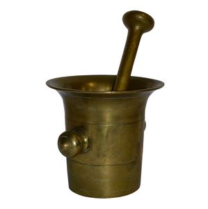 Cylindrical golden brass mortar pestle set with side knobs and decorative motif reliefs, available at wholesale prices. - Product Image 4