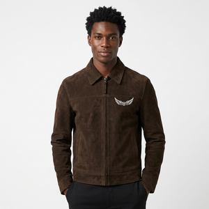 <b>Men's</b> Brown <b>Suede</b> Zip-Up <b>Jacket</b> Turn-Down Collar Casual Autumn Wear Regular Fit - Product Image 3