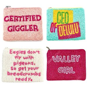 Handcrafted Beaded Slogan Zip Pouch Bag Women Designer Text Embroidery Coin <b>Purse</b> <b>Small</b> Cosmetic Organizer Gift OEM - Product Image 1