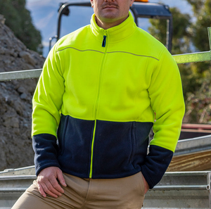 Blouson de travail haute visibilité pour homme, personnalisé, en polaire 100 % polyester, imprimé color block, avec fermeture éclair intégrale et empiècements aux manches, idéal pour l'extérieur - Product Image 1