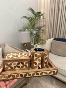 Wholesale Floral Inlay Wood Incense Burner Set Bulk Luxury Mango Wood Bakhoor Censer with <b>Matching</b> Storage <b>Box</b> and Serving Tray - Product Image 5