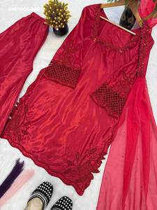 Designer Fancy Crepe Silk with <b>Beads</b>-Handwork & Embroidered Sequence Suit - Stone work Plazzo & Dupatta Indian Supplier - Product Image 4