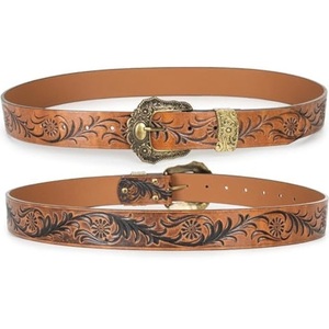Custom Wholesale Floral Engraved Tan Brown Genuine Vegetable Tanned Cowhide Western <b>Leather</b> <b>Tooling</b> Belt for Unisex - Product Image 5