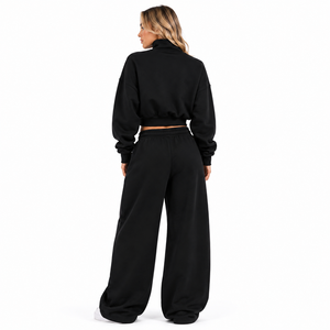 Ensemble de survêtement Y2K noir à strass, col montant, coupe courte, pour femme, avec impression de lettres en relief personnalisée, pantalon de survêtement ample et épais à jambes larges - Product Image 3