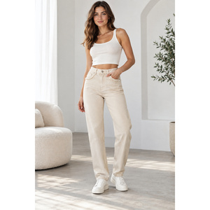 Jeans Boyfriend de Tallas Grandes para Mujer - Cintura Media, Lavado Medio, Denim con Adorno de Perlas en el Bolsillo, Color Crudo, Tallas XS a 6XL - Product Image 5