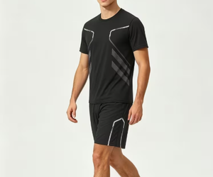 Conjunto Deportivo para Hombre, Camiseta sin Mangas con Cuello en V y Pantalones Cortos, Estampado Geométrico Negro, Transpirable, Elástico, Ajuste Atlético - Product Image 1