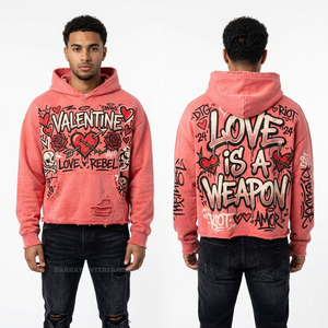 Sudadera con capucha rosa para hombre, desgastada, con dobladillo sin rematar, gráfico de graffiti de amor, estilo streetwear personalizado, vintage, descolorida, hip hop, fabricante de sudaderas con capucha. - Product Image 1