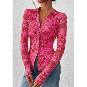 Chemises à boutons florales pour femmes personnalisées, tendance automne 2025, manches longues, col en V, plissées, en maille, style bohème, hauts XL pour tenues de bureau - Product Image 6