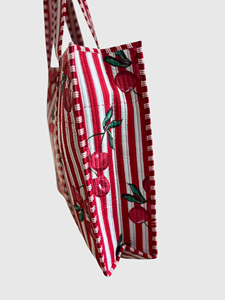 Sac fourre-tout en toile brodé cerises rayé rouge et blanc, sac de shopping pour femme à fermeture ouverte, toutes saisons - Product Image 3
