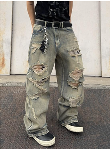 Pantalones Vaqueros Anchos para Hombre, Estilo Desgastado, Corte Holgado, Cintura Alta, Rotos, Estilo Urbano, de Algodón, para Otoño - Product Image 4