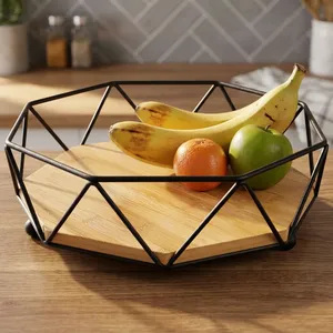 Corbeille à fruits en métal noir avec base en bois, bol à fruits décoratif, organisateur de rangement pour comptoir de cuisine, table à manger, décoration intérieure - Product Image 5