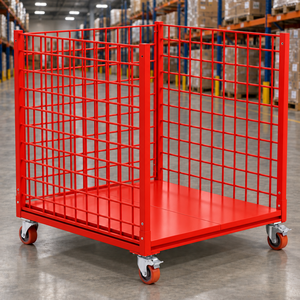 Contenedor de Malla de Acero Rojo con Cuatro Ruedas, Carro de Almacenamiento Industrial Apilable, Recubrimiento en Polvo OEM - Product Image 4
