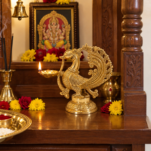 Handcrafted Brass Peacock Diya <b>Oil</b> <b>Lamp</b> Stand Detailed Design Decorative Multi Wick Deepak for Puja Room Temple Home Decor - Product Image 3