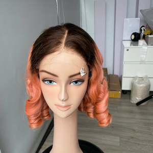 Super Quality 100% Virgin Vietnamese Hair <b>Wig</b> Bouncy Curly Super Double Drawn Ombre Pink Color Wholesale Priced - Product Image 5