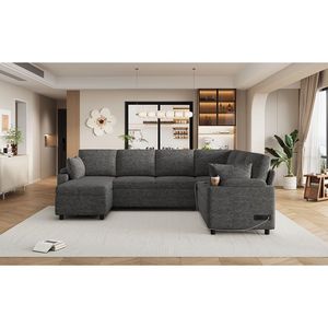 109.9 \ "divano letto a forma di U sezionale con ampio ripiano due portabicchieri e porte di ricarica Beige/grigio Versatile per soggiorno - Product Image 4