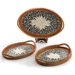 Rattan Wicker Trays with Mother of Pearl Inlay MDF Base and Insert Handle for Fruit Serving, <b>Coffee</b> <b>Table</b> Trays Handmade - Product Image 4