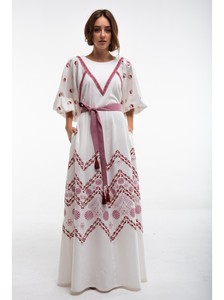 <b>Women</b> <b>Vintage</b> White Linen Maxi <b>Dress</b> Floral Embroidered Lantern Sleeve Crew Neck 100% Cotton Casual Summer <b>Dress</b> - Product Image 2