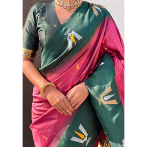 Sari traditionnel indien du sud en soie douce, tissé Zari, rose corail, avec contraste Tilak, vêtements pakistanais de la marque Elite Weaves - Product Image 4