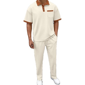 2025 été nouveaux hommes couleur unie col gaufré décontracté poche polo à manches courtes pantalon costume - Product Image 4