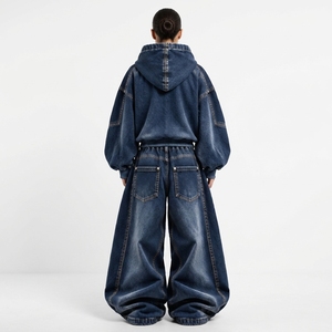 <b>Womens</b> Dark Blue Washed Denim Hoodie And <b>Baggy</b> Wide Leg <b>Jeans</b> Set Oversized Drawstring Sweatshirt Casual Streetwear Custom - Product Image 2