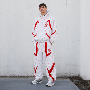 Unisex <b>White</b> Red Solid Hooded Streetwear Lightweight Oversized <b>Tracksuit</b> Half-zip Full Sleeve Breathable Polyester Two Piece Set - Product Image 3